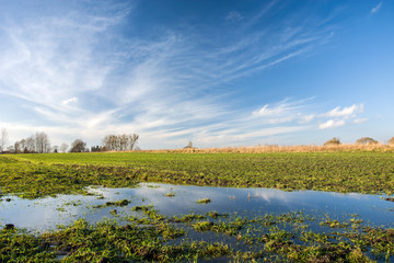 Fototapeta na wymiar Field flooded with water and clouds in the sky