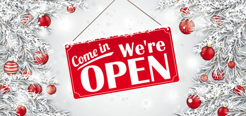 Sign Open Frozen Twigs Red Baubles Snowfall Header