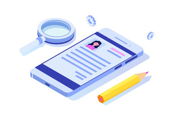 Recruitment, Job search isometric concept. Use for presentation, social media, cards, web banner. Vector illustration