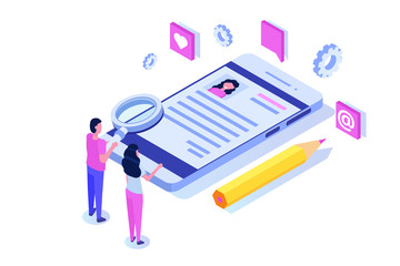 Recruitment, Job search isometric concept. Use for presentation, social media, cards, web banner. Vector illustration