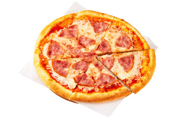 Closeup image of pepperoni italian pizza with ham on paper isolated at white background.