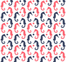 Fototapeta na wymiar Blue and red sea horses pattern on the white background. Vector Illustration