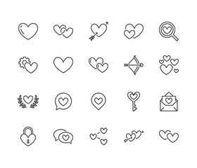 Heart flat line icons set. Love, dating site vector illustrations - two hearts shape, romantic date, private message, match. Thin signs for like, charity, wedding. Pixel perfect 64x64. Editable Stroke