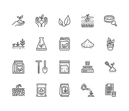 Soil testing flat line icons set. Agriculture, planting vector illustrations, hands holding ground with spring, plant fertilizer. Thin signs for agrology survey. Pixel perfect 64x64. Editable Strokes.