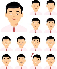 Set of different avatar asian man in colorful flat style. Collection of various emotion expression chinese avatar male happy, angry, sad, funny.