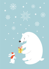 Greeting card, cute white bear and little bunny rabbit