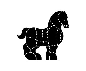 Cut of meat Horse. Racehorse silhouette scheme lines of different parts meat. How to cut flesh equine. Poster Butchers diagram for meat stores. Barbecue and steaks, delicacy dishes.