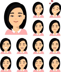 Set of different avatar asian woman in colorful flat style. Collection of various emotion expression chinese avatar female happy, angry, sad, funny.