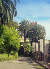 Genoa, Italy - beautiful summer view of the park of Castello d'Albertis with the surrounding walls in neo-gothic style and lush vegetation