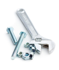 Chrome vanadium wrench and bolts. Industrial spanner.