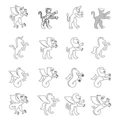 Heraldic animal set linear style. Hippocampus  and lion. Dragon and wyvern. Fantastic Beast. Monster for coat of arms. Heraldry design element. Pgasus and griffin. leopard, tiger