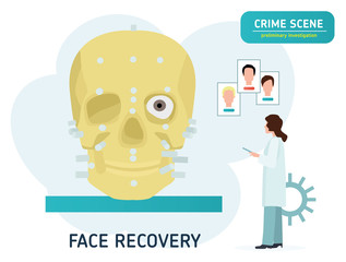 Crime scene investigation. Restoration of the face on the skull. Forensic examination concept banner. Flat cartoon vector illustration.