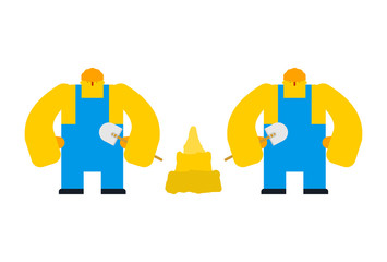 Builders and sand castle. Workers and sand house