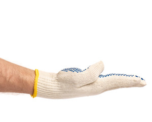 Worker showing outstretched palm gesture - offering or begging concept. Male hand wearing working cotton glove with blue rubber dots, isolated on white background.
