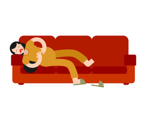 PMS Menstrual pain girl on sofa. Woman suffering from abdominal pain. Girl with period of abdominal cramps