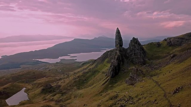 Cinematic flight over the Old Man Of Stor in autumn - Isle of Skye, Scotland