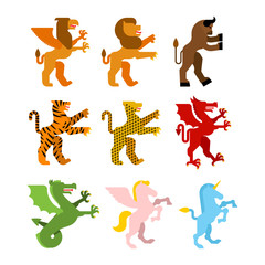 Heraldic animal set. Griffin, lion and minotaur. Teague, leopard and dragon. Unicorn and Pegasus. wyvern. Fantastic Beast. Monster for coat of arms. Heraldry design element.
