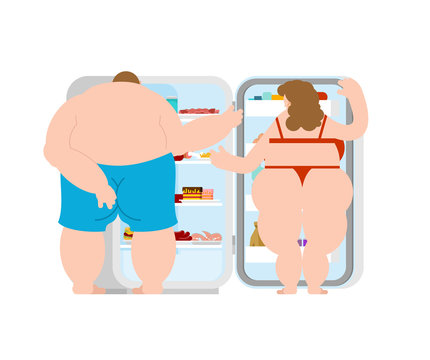 Open Fridge And Fat Married Couple. Lot Of Food. Refrigerator For Glutton