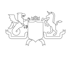 Heraldic Shield Sea Griffin and Unicorn and Knight Helmet. Fantastic Beasts. Template heraldry design element. Coat of arms of royal family