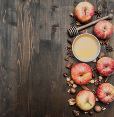 ingredients for cooking baked apples with nuts and honey, on a rustic background, a place for text