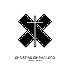 Fototapeta premium Christian cinema logo. Symbols of movies and videos for the ministry, conference, camp, festival, event.