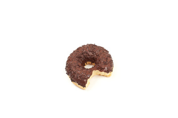 Bitten chocolate donut with sprinkles isolated on white background. Top view