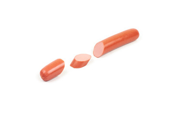 Fresh boiled sausages and slices, isolated on white background