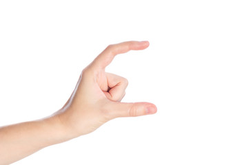 Woman hand showing size gesture isolated on a white background