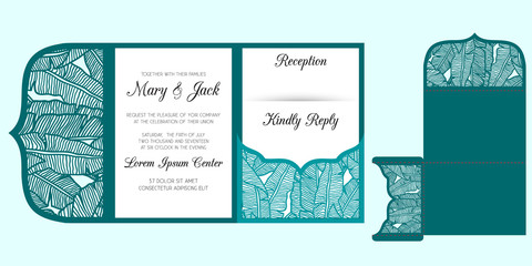 Laser cut wedding trifold envelope template vector. Wedding invitation or greeting card with tropical pattern of banana leaves. Suitable for greeting cards, invitations, menus.