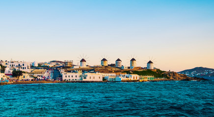 Naklejka premium Mykonos island with windmills, view from the sea