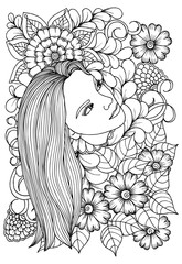 Page for coloring book. Girl and  flowers. Doodles in black and white