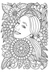 Page for coloring book. Girl and  flowers. Doodles in black and white