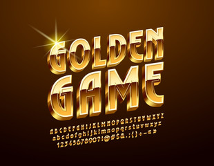 Vector luxury Emblem Golden Game. Chic bright 3D Font. Glossy Alphabet Letters, Numbers and Symbols.