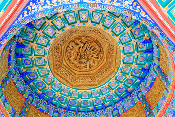 Elegant color wooden sculpture on ceiling，Beihai Park，Beijing, China