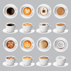 Realistic different sorts of coffee in white cups view from the top and side. Latte cappuccino espresso americano cocoa in realistic cups. 3d vector mugs for cafe menu.