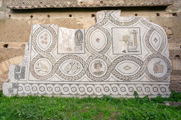 Ostia antica in Rome, Italy. Roman color mosaic located on a wall