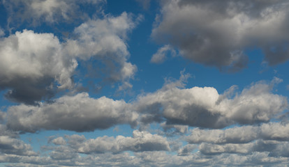 Beautiful white and grey fluffy clouds soar over a deep blue background. Cloudscape with autumn dark storm clouds moving fast over blue sky day.