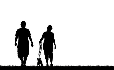 Silhouette of a couple walking their dog on white background