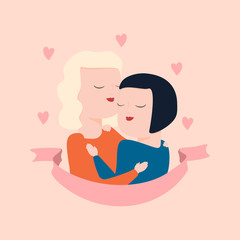 vector illustration of female homosexual couple in tender hugs