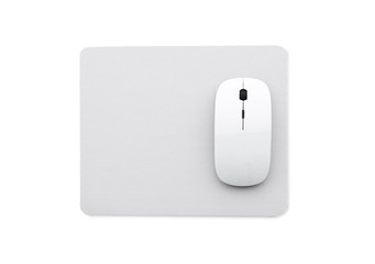 White wireless mouse on a mouse pad isolated on a white background, top view