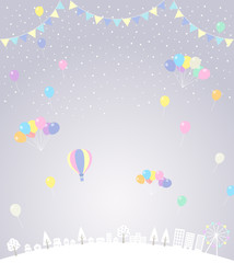 雪の街並みと風船｜パステルカラー