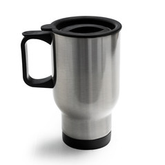 Huge lovely metallic thermocup with black comfortable handle isolated on a white background