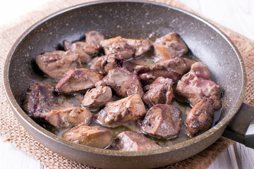 Fried chicken liver in frying pan