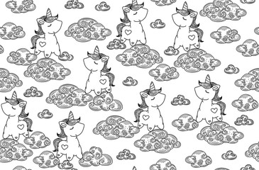 Vector cute seamless pattern,  unicorns in clouds black silhouettes.