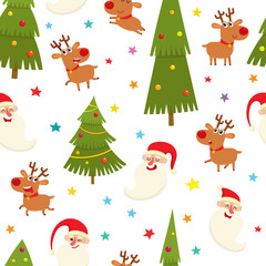 Seamless pattern with reindeers and santa, vector illustration on white