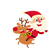 Santa Claus with deer, cartoon vector illustration isolated on white