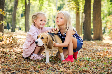 Little smiling blond girls sitting together hugging beagle dog in a sunshine autumn park