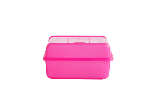 Insulated lunch box. An open, plastic, pink lunch box.