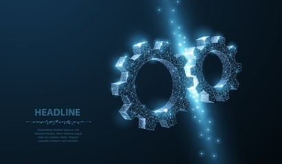 Gears. Abstract vector wireframe two gear 3d modern illustration on dark blue background. - obrazy, fototapety, plakaty