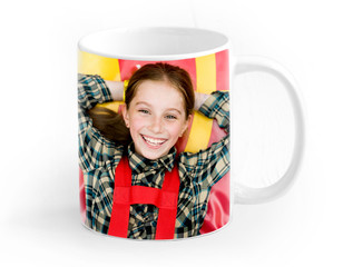 Big colorful cup isolated on a white background a child printed on it